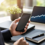 Professional using a smartphone at a minimalist desk with a notebook and an upward-trending chart, representing high-income phone-based businesses in 2026.