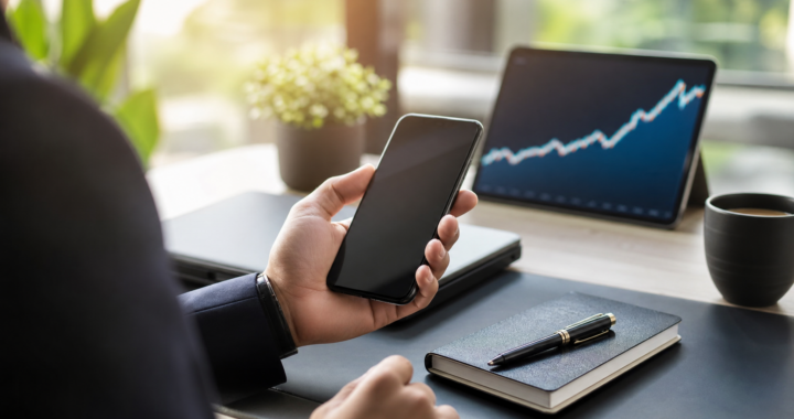 Professional using a smartphone at a minimalist desk with a notebook and an upward-trending chart, representing high-income phone-based businesses in 2026.
