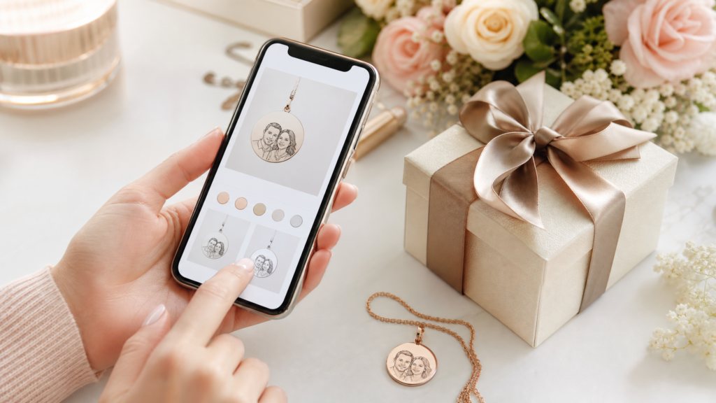 Person using a smartphone to design a personalized gift next to a wrapped gift box and an engraved pendant on an aesthetic desk.