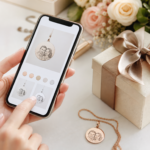 Person using a smartphone to design a personalized gift next to a wrapped gift box and an engraved pendant on an aesthetic desk.