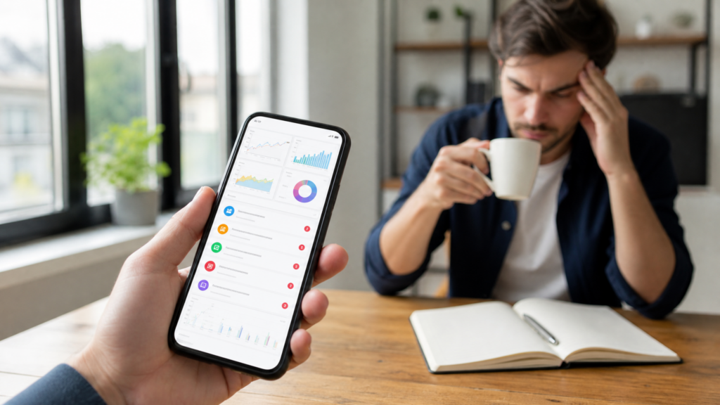 Entrepreneur holding a smartphone with a business dashboard in a modern office setting, representing the realistic side of mobile business in 2026.