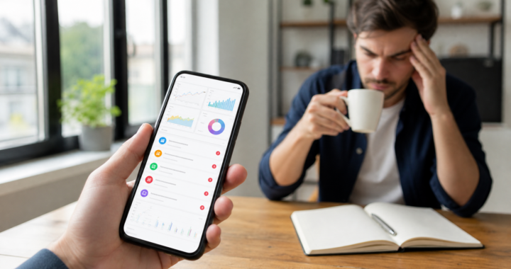 Entrepreneur holding a smartphone with a business dashboard in a modern office setting, representing the realistic side of mobile business in 2026.
