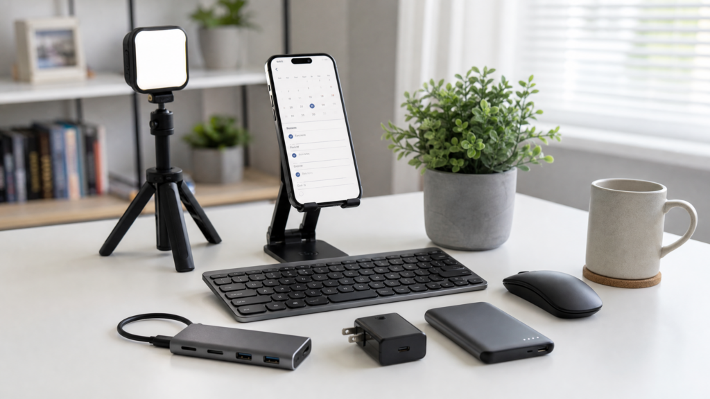 Mobile office setup for smartphone entrepreneurs in 2026 with a phone stand, foldable Bluetooth keyboard, wireless mouse, GaN charger, power bank, USB-C hub, earbuds, and a small tripod on a minimalist desk.