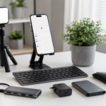 Mobile office setup for smartphone entrepreneurs in 2026 with a phone stand, foldable Bluetooth keyboard, wireless mouse, GaN charger, power bank, USB-C hub, earbuds, and a small tripod on a minimalist desk.