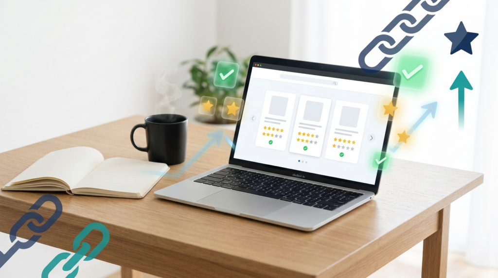 A premium workspace with a laptop showing a comparison website, star ratings, and recommendation elements, representing an affiliate e-commerce business model.