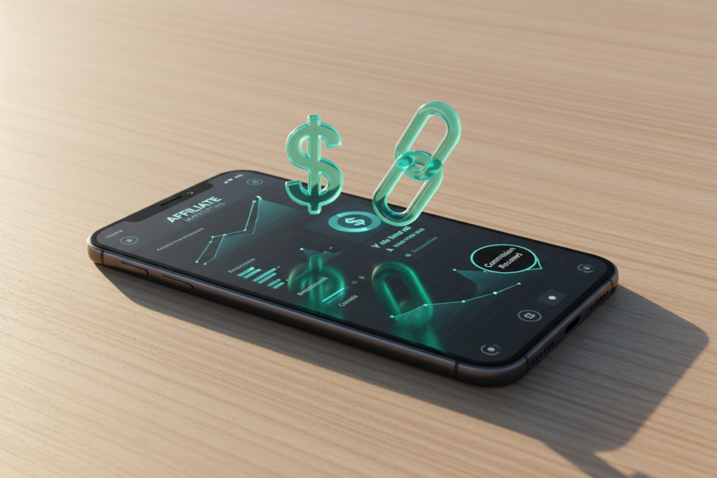 A high-end smartphone displaying an affiliate dashboard with rising revenue graphs and 'Commission Earned' notifications. 3D teal icons of a 'Dollar Sign' and a 'Link' floating around it.