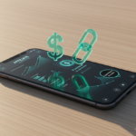 A high-end smartphone displaying an affiliate dashboard with rising revenue graphs and 'Commission Earned' notifications. 3D teal icons of a 'Dollar Sign' and a 'Link' floating around it.