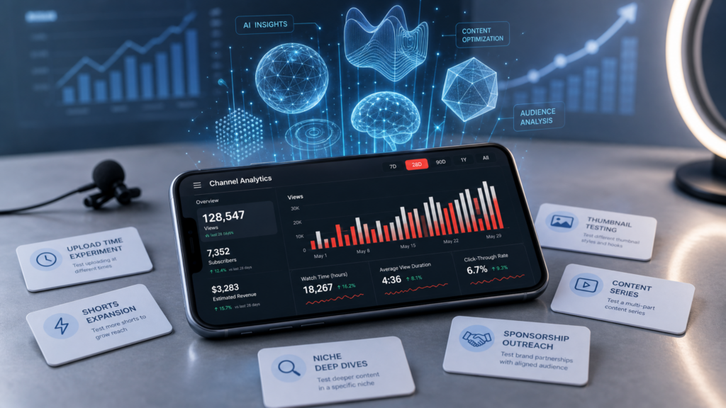 A modern smartphone displaying YouTube-style analytics with AI holograms, business experiment cards, and growth charts for an AI business experiment channel.