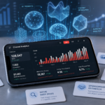 A modern smartphone displaying YouTube-style analytics with AI holograms, business experiment cards, and growth charts for an AI business experiment channel.