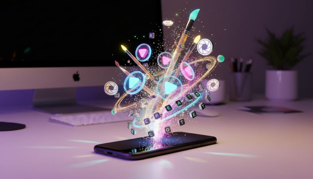 A smartphone standing on a vibrant, creative desk, with holographic social media icons and AI-generated art symbols floating around it.