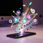A smartphone standing on a vibrant, creative desk, with holographic social media icons and AI-generated art symbols floating around it.