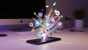 A smartphone standing on a vibrant, creative desk, with holographic social media icons and AI-generated art symbols floating around it.
