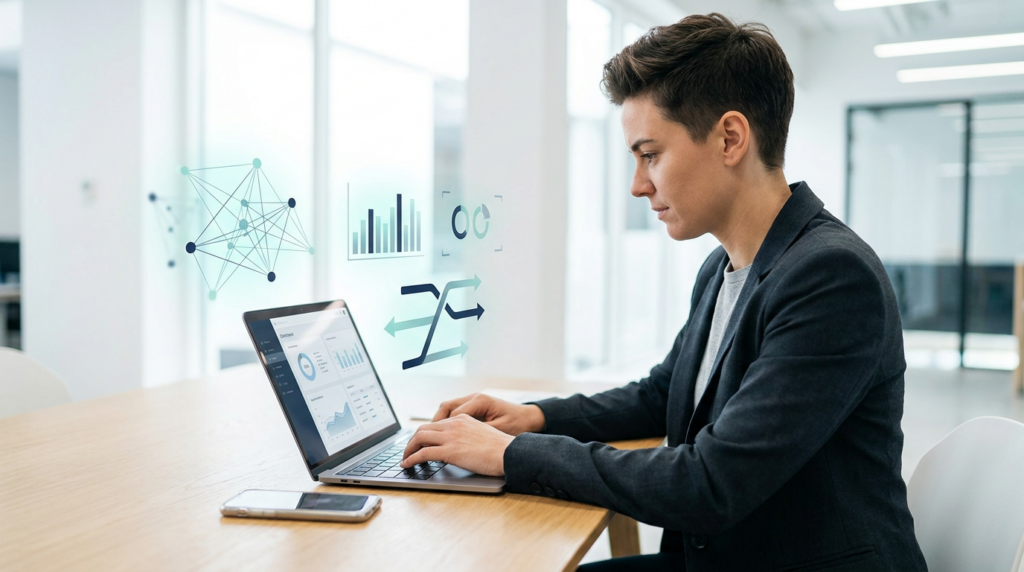 “Entrepreneur working on a laptop and smartphone with subtle AI and digital workflow overlays in a modern workspace.”