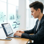 “Entrepreneur working on a laptop and smartphone with subtle AI and digital workflow overlays in a modern workspace.”