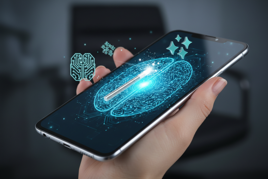 Professional smartphone display with a futuristic AI assistant interface generating text and images. Floating 3D teal icons of a 'Brain/Circuit' and a 'Magic Wand'.