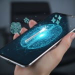 Professional smartphone display with a futuristic AI assistant interface generating text and images. Floating 3D teal icons of a 'Brain/Circuit' and a 'Magic Wand'.
