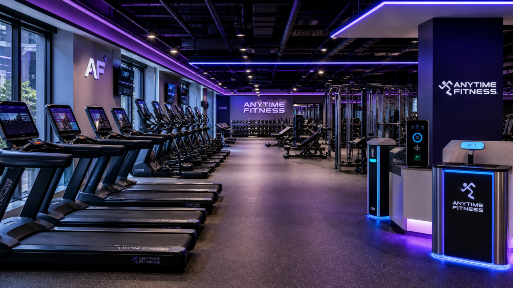 A modern Anytime Fitness gym interior in 2026 with purple ambient lighting and high-tech fitness equipment.