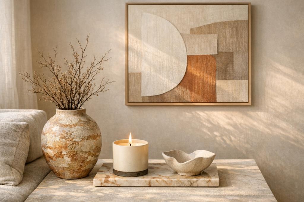 Minimalist living room corner with handmade ceramic vase, dried branches, luxury candle, marble tray, sculptural bowl, and abstract neutral wall art.