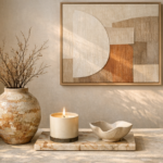 Minimalist living room corner with handmade ceramic vase, dried branches, luxury candle, marble tray, sculptural bowl, and abstract neutral wall art.