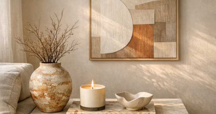 Minimalist living room corner with handmade ceramic vase, dried branches, luxury candle, marble tray, sculptural bowl, and abstract neutral wall art.