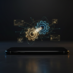 A high-end smartphone on a dark sleek desk acting as a central command station, with glowing 3D AI automation icons like gears, connecting lines, and data charts floating around it.