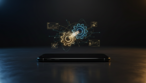 A high-end smartphone on a dark sleek desk acting as a central command station, with glowing 3D AI automation icons like gears, connecting lines, and data charts floating around it.
