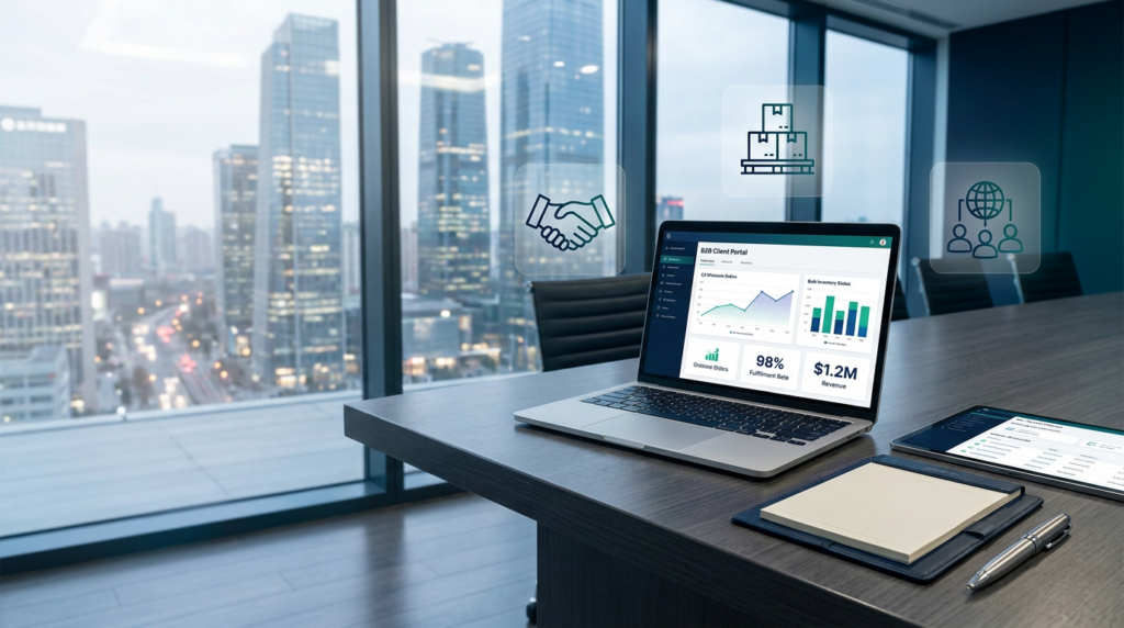 Modern corporate boardroom with a B2B sales dashboard, representing high-volume enterprise e-commerce.