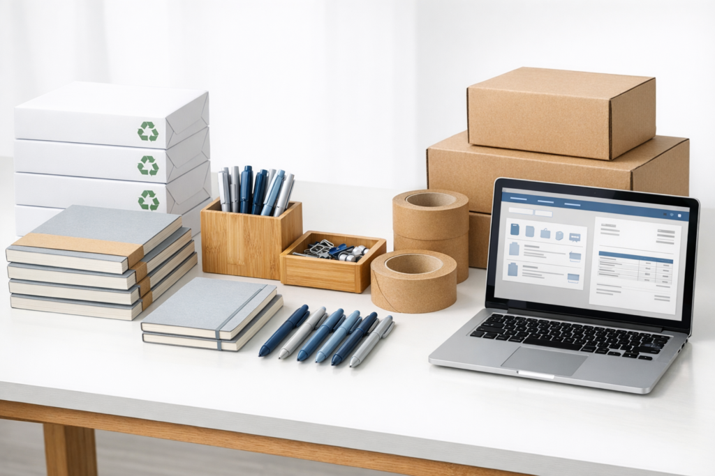 Organized B2B office supplies including recycled paper, notebooks, eco-friendly pens, and shipping boxes on a modern desk.