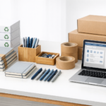 Organized B2B office supplies including recycled paper, notebooks, eco-friendly pens, and shipping boxes on a modern desk.