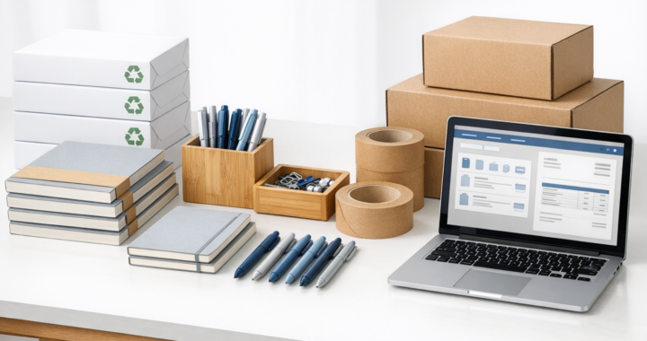 Organized B2B office supplies including recycled paper, notebooks, eco-friendly pens, and shipping boxes on a modern desk.