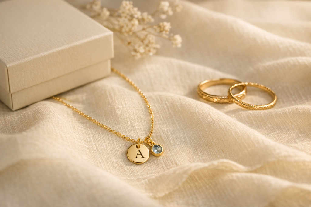 Personalized gold necklace with initial charm and birthstone pendant on ivory linen beside engraved rings and a cream jewelry gift box.