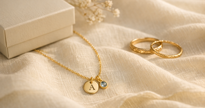 Personalized gold necklace with initial charm and birthstone pendant on ivory linen beside engraved rings and a cream jewelry gift box.
