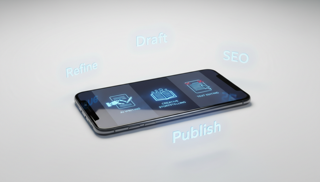 A side-by-side digital comparison of various AI writing app interfaces on a premium smartphone screen, with holographic text elements