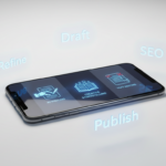A side-by-side digital comparison of various AI writing app interfaces on a premium smartphone screen, with holographic text elements