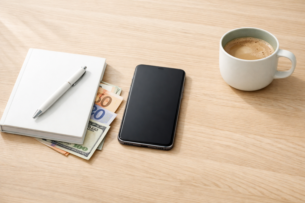 Modern smartphone on a wooden desk with a coffee cup, notebook, and saved money representing smart budget choices for entrepreneurs.