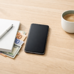 Modern smartphone on a wooden desk with a coffee cup, notebook, and saved money representing smart budget choices for entrepreneurs.