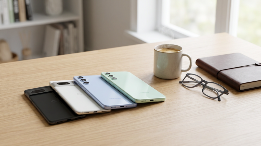 A collection of modern mid-range smartphones on a clean wooden office desk with a coffee cup and a notebook, symbolizing a budget-friendly mobile business setup.
