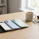 A collection of modern mid-range smartphones on a clean wooden office desk with a coffee cup and a notebook, symbolizing a budget-friendly mobile business setup.