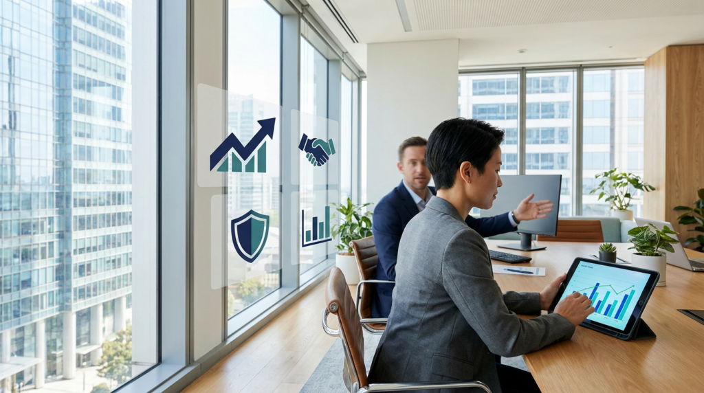 A professional reviewing a strategy dashboard in a modern office with a city skyline, representing business services franchise opportunities in 2026.