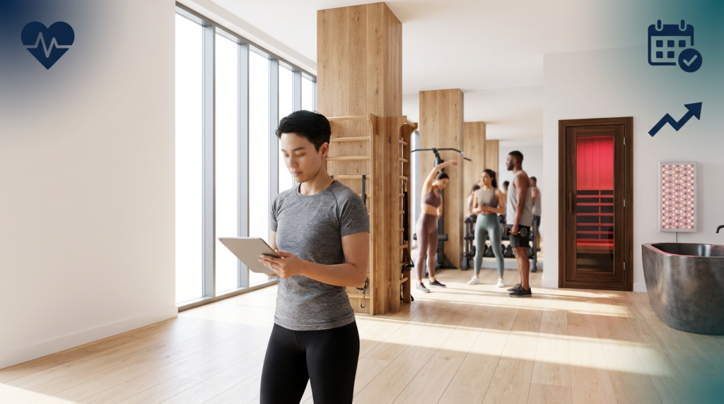 A boutique fitness and wellness studio with a trainer holding a tablet and recovery features, representing fitness franchise opportunities in 2026.