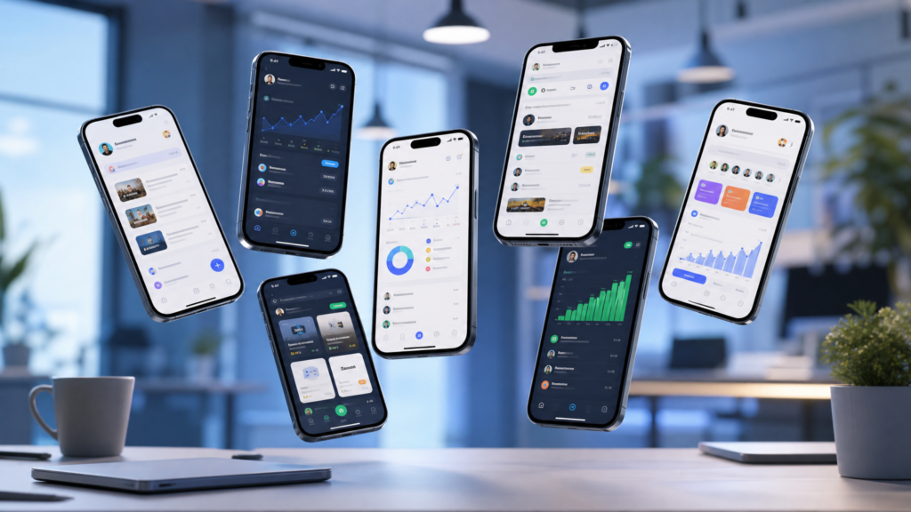 Modern workspace with multiple smartphones displaying freelance platform apps like Upwork and Fiverr interfaces for mobile users.