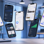 Modern workspace with multiple smartphones displaying freelance platform apps like Upwork and Fiverr interfaces for mobile users.