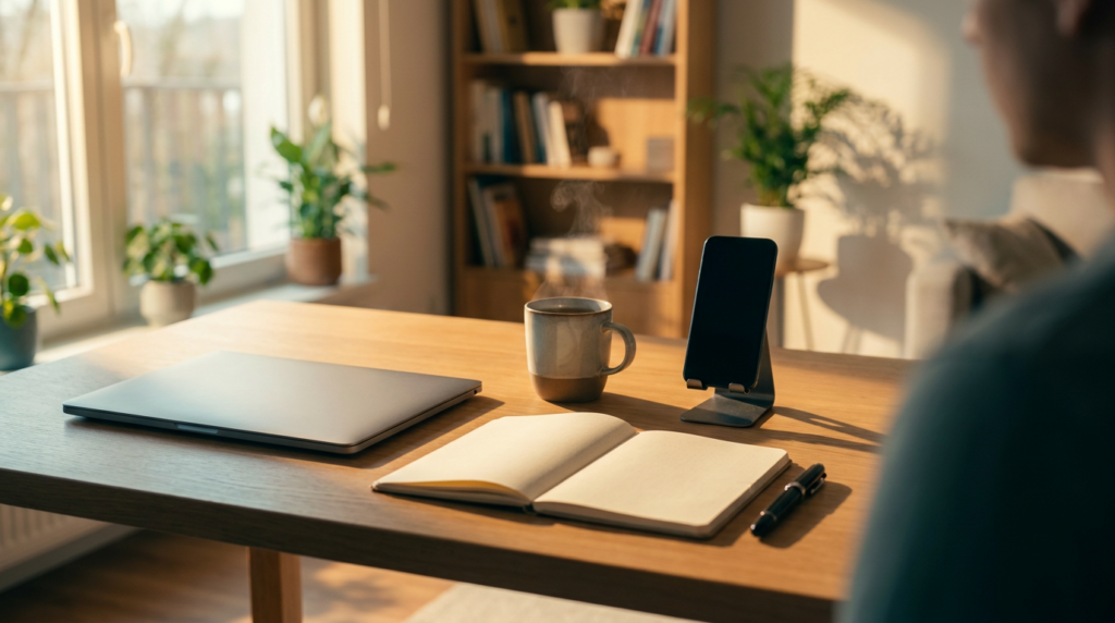 Calm minimalist home office setup with a laptop, smartphone, tea and notebook, representing low-stress entrepreneurship for introverts (2026)