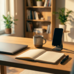 Calm minimalist home office setup with a laptop, smartphone, tea and notebook, representing low-stress entrepreneurship for introverts (2026)