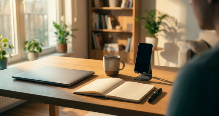 Calm minimalist home office setup with a laptop, smartphone, tea and notebook, representing low-stress entrepreneurship for introverts (2026)