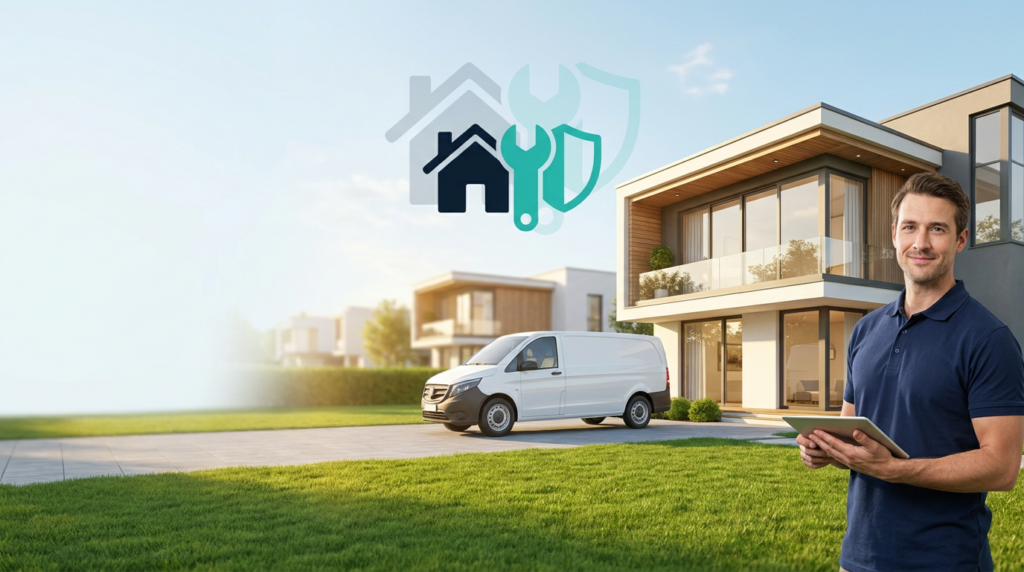 A professional service worker with a tablet standing in front of a modern home and a white service van, representing home service franchise opportunities.
