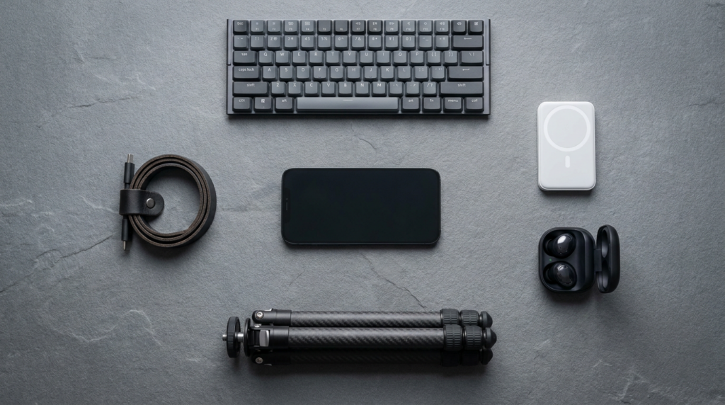 A flat-lay photography of a smartphone surrounded by a foldable keyboard, a sleek power bank, small wireless earbuds, and a compact tripod on a modern desk.