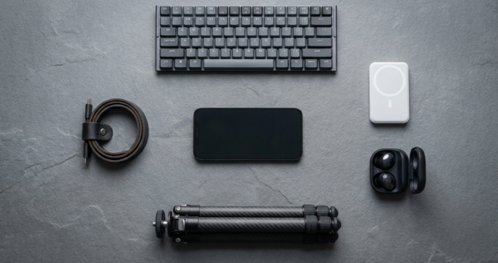 A flat-lay photography of a smartphone surrounded by a foldable keyboard, a sleek power bank, small wireless earbuds, and a compact tripod on a modern desk.