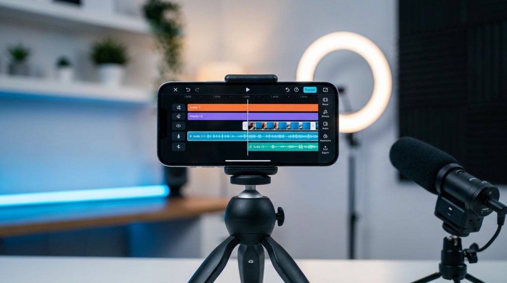 A high-end smartphone displaying a professional video editing interface with colorful waveforms, mounted on a tripod in a modern creative studio setup.