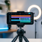 A high-end smartphone displaying a professional video editing interface with colorful waveforms, mounted on a tripod in a modern creative studio setup.